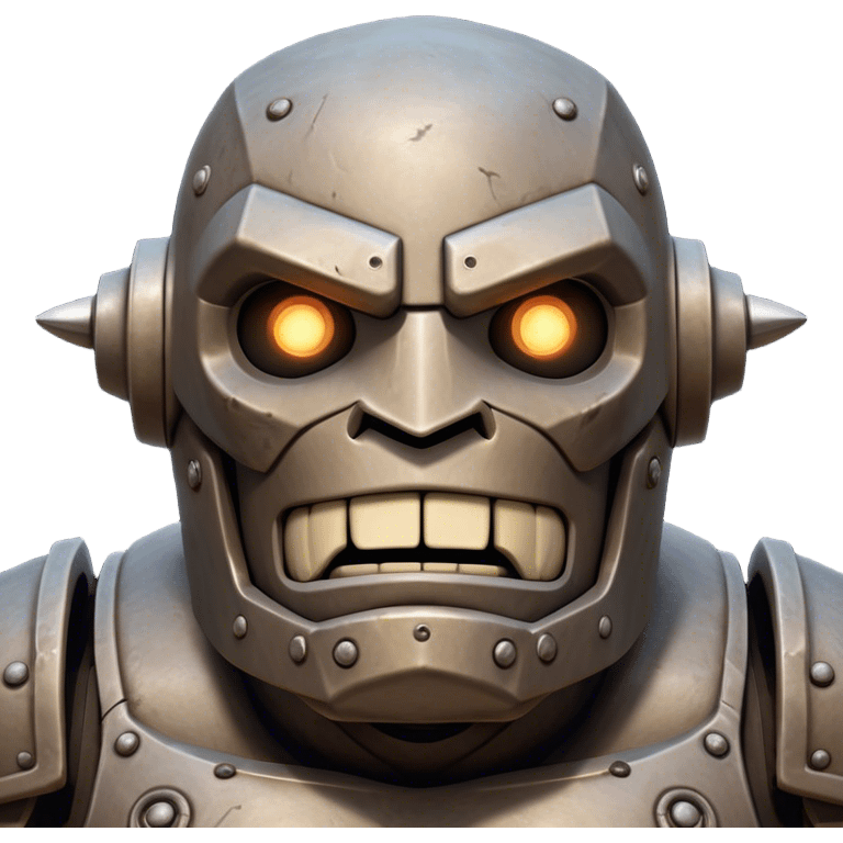 Cinematic Comical Mighty Iron Golem Portrait Emoji Head tilted dramatically with an exaggeratedly amused expression, featuring a bulky, armored form with a slightly lopsided stance, ancient runes flickering erratically, and one massive, jointed hand raised in a slow, deliberate wave. Wide, expressive glowing eyes give it an almost humorous, puzzled look, as if it’s contemplating something far beyond mortal understanding. Rendered with detailed metallic textures and deep, dynamic lighting, high shine, dramatic yet whimsical, styled with a hint of unexpected charm, soft glowing outline, capturing the essence of an endearing yet colossal guardian that looks ready to crack an impossibly slow, earth-shaking joke! emoji