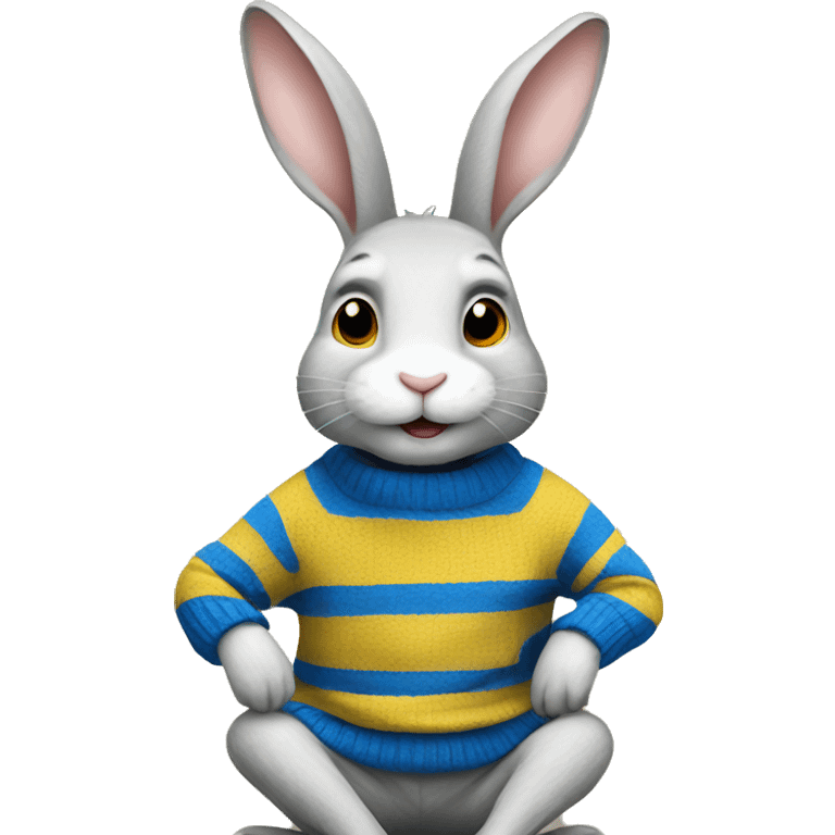 Rabbit is sitting and wearing blue and yellow stripe sweater emoji