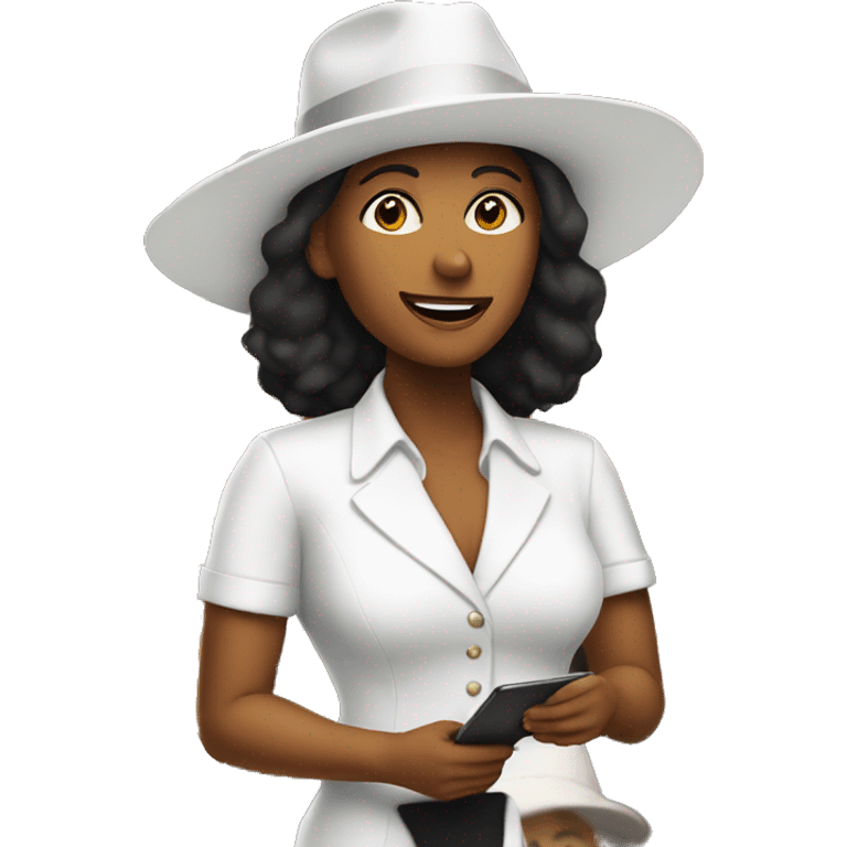 a woman in a white hat with a tablet in her hand is standing in the audience emoji