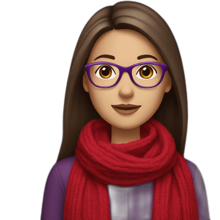 brunette young lady with long straight hair wearing a red scarf and glasses with purple background emoji