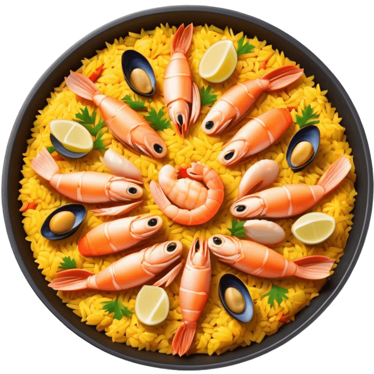 Cinematic Realistic Paella Dish Emoji, depicted as a vibrant, aromatic rice dish loaded with seafood, chicken, and saffron rendered with rich textures and dynamic, warm lighting. emoji