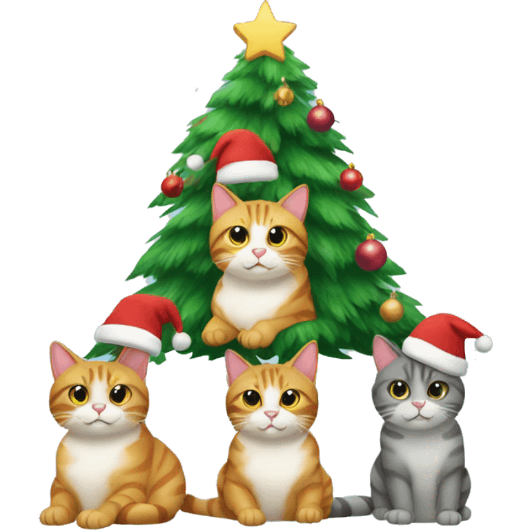 Four different cats sitting under a Christmas tree  emoji