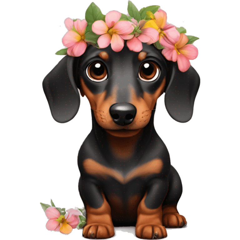 Tiny dachshund with flowers in his mouth emoji