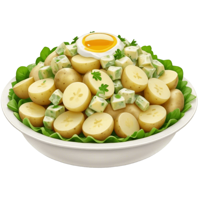 Cinematic Realistic Kartoffelsalat Dish Emoji, showcasing a traditional potato salad with fresh herbs and tangy dressing rendered with lifelike detail and vibrant, natural lighting. emoji