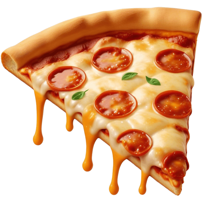 Cinematic cheesy pizza slice, gooey melted cheese stretching as a bite is taken, crispy golden crust, rich tomato sauce, vibrant toppings, warm glowing background, inviting and delicious. emoji