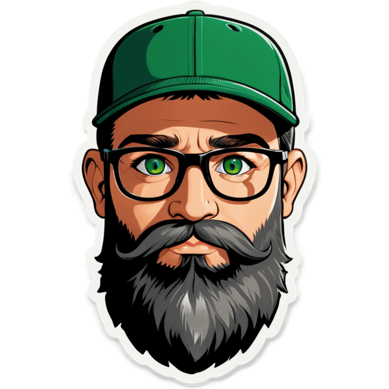 A bold man with a grey baseball cap, green eyes, big beard and glasses in love! emoji