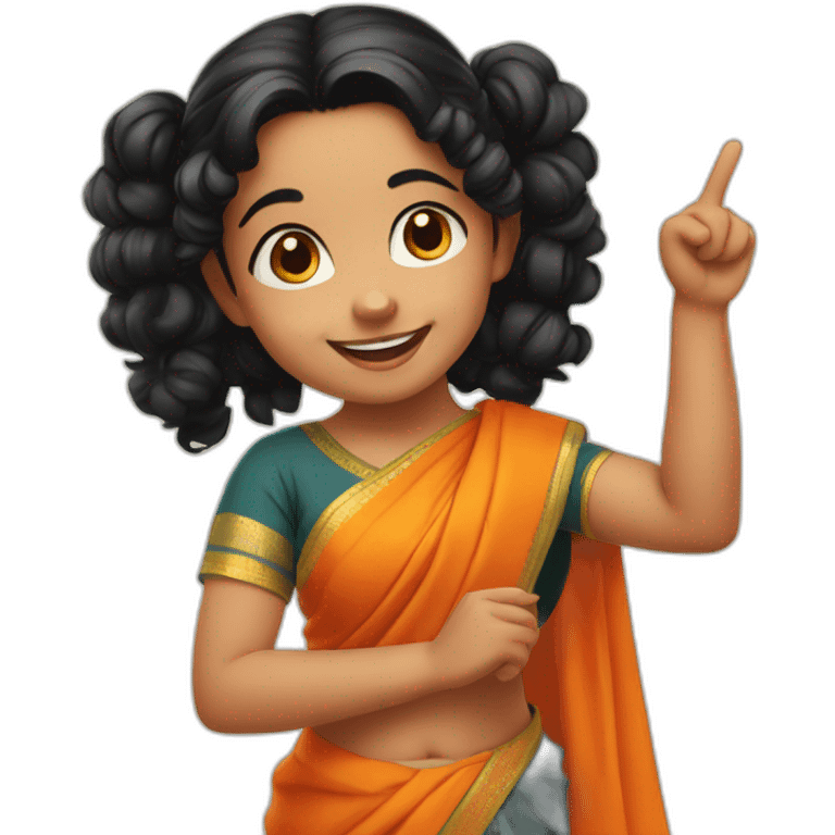 smiling and pointing 3 years old indian girl with black curly hair in pigtails wearing a orange saree emoji