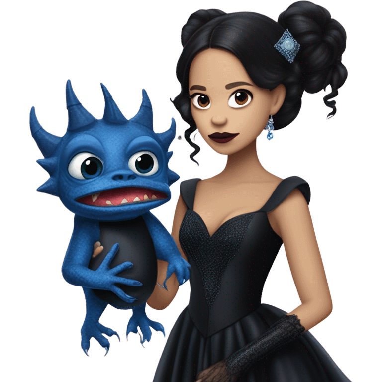 relaxed low-cut back silk black evening gown with lace gloves, Jenna Ortega as Addams woman prom queen wearing a mini diamond tiara, very large blood blue evil-looking horned old dragon hand puppet emoji