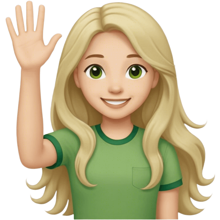 smiling girl with long hair, middle hair part, waving, green shirt emoji