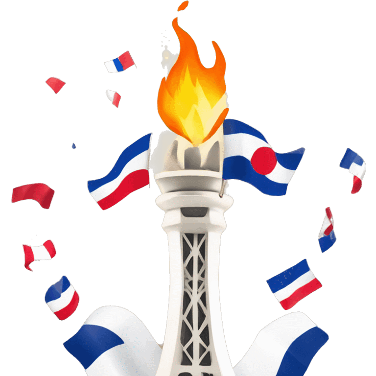 Olympic flame Paris 2024 surrounded by the french flag and Eiffel tower emoji