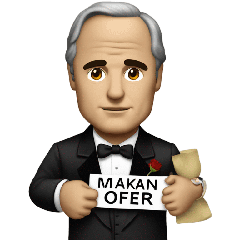 Marlon brando as the godfather holding a sign saying “Make an Offer” emoji