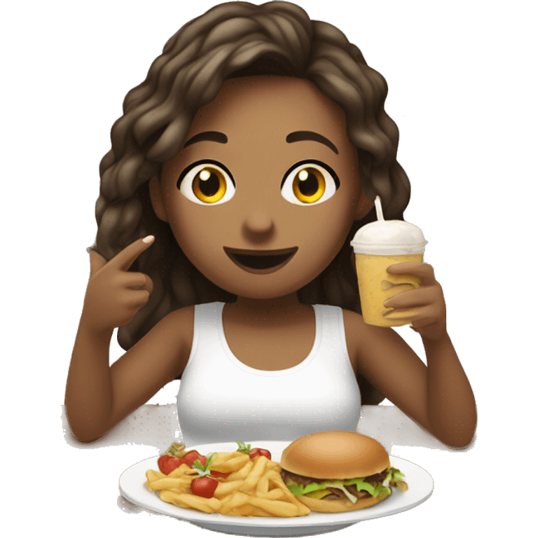 girl in white T-shirt enjoying food and drink. She is white girl. emoji