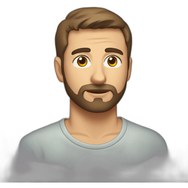 man with brown short hair and short beard wearing a t-shirt with the word escutai emoji