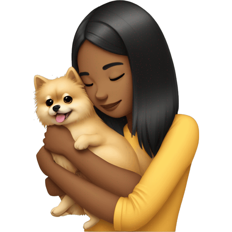 Girl hugging pomeranian. The girl has black hair. emoji