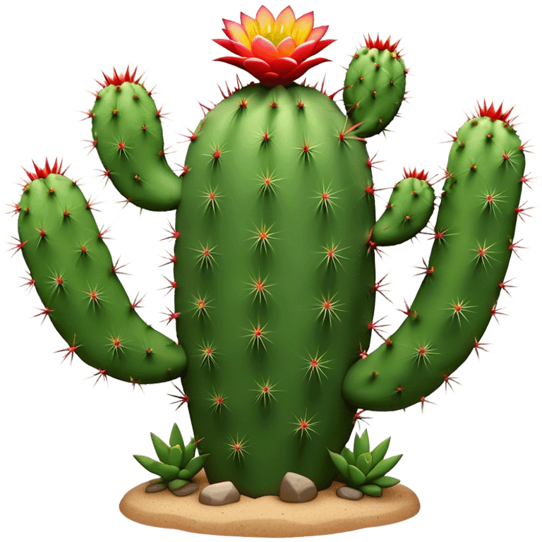 Cinematic Realistic Cactus Emoji, Tall and spiny, with thick, rounded stems covered in sharp spines. Bright flowers bloom at the tips of some branches, adding a pop of color against the desert backdrop. Soft glowing outline, capturing the essence of strength, survival, and desert beauty in a striking cactus! emoji