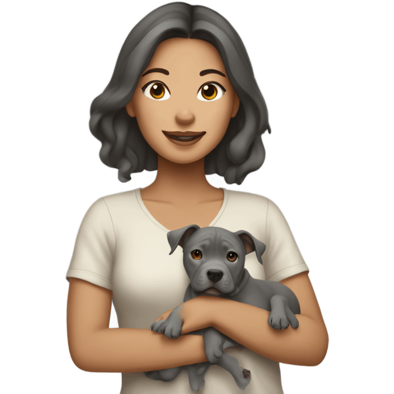 Pretty Filipino woman holding all gray pit bull puppy emoji