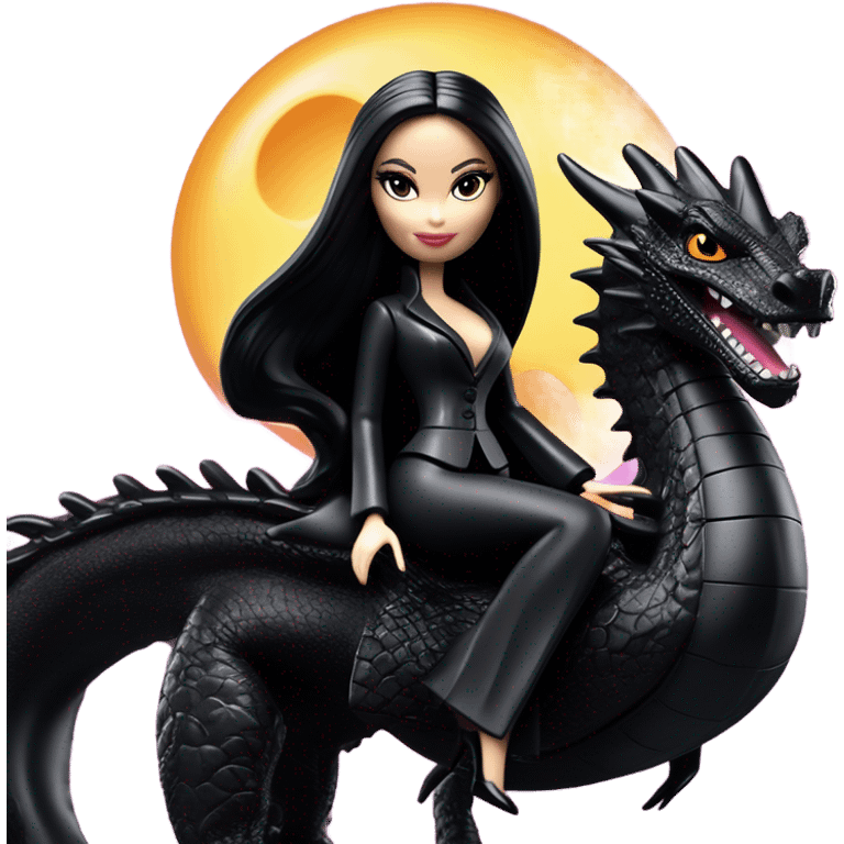  beautifully dressed teen Morticia Addams Barbie Jedi flying on the back of a very large black shiny evil-looking fire-spewing dragon. proper scale emoji