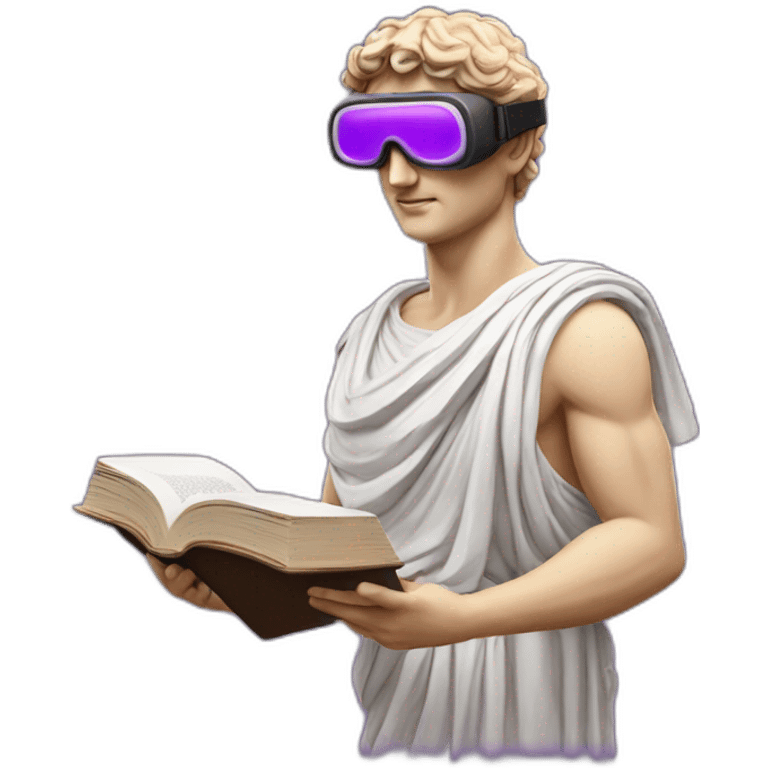 an EMOJI OF A ancient young greek statue reading a book, wearing VR glasses, purple colors, DIGITAL UNIVERSE emoji