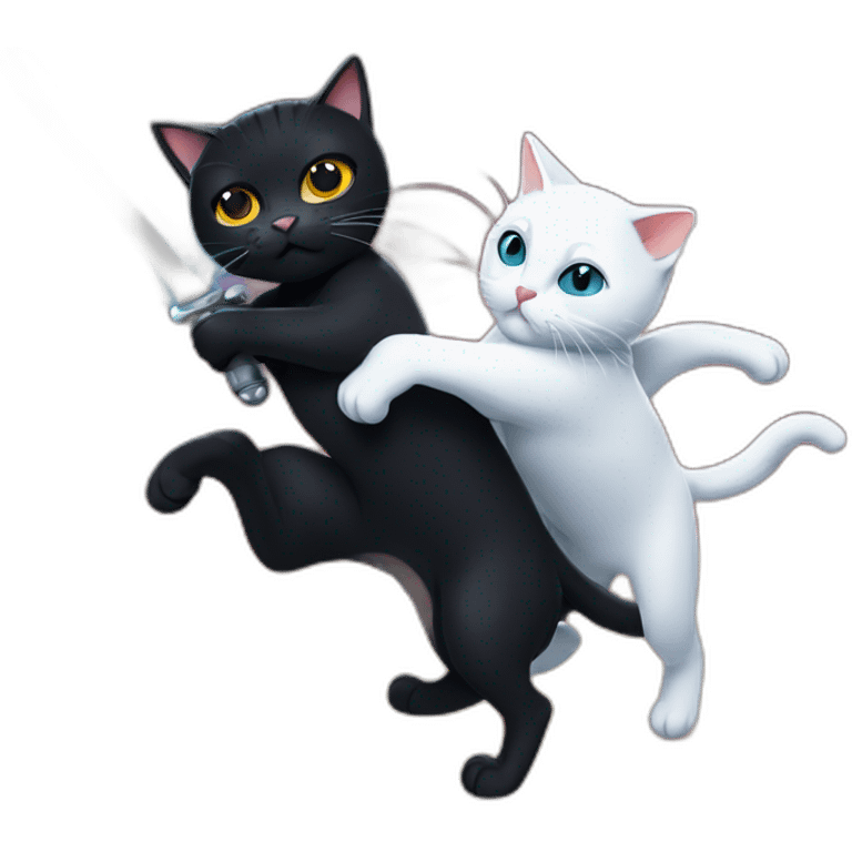 a black cat fighting with a white cat with lightsabers emoji