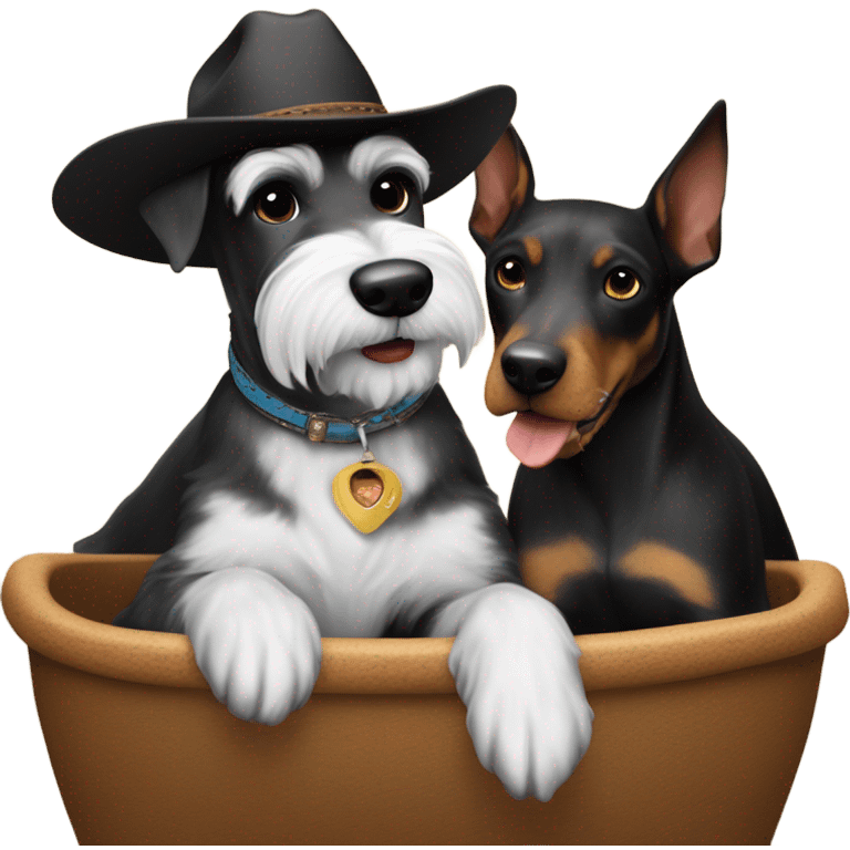 White and black Miniature schnauzer being ridden by a Doberman pincher wearing a cowboy hat emoji