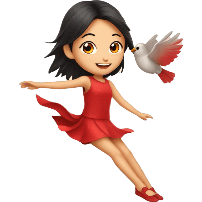 Cute Asian girl flying on cardinal bird emoji