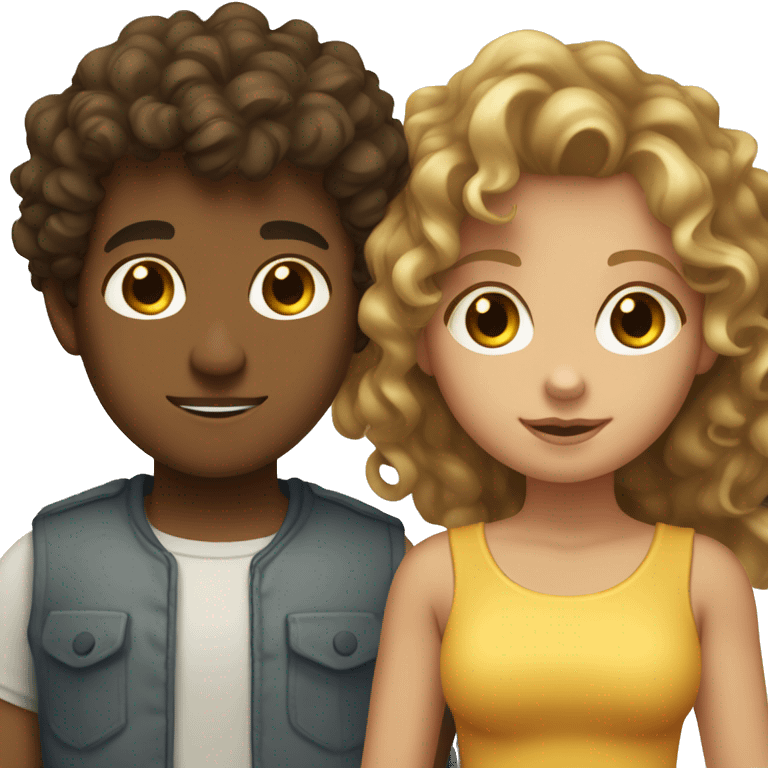 Light browned boy with dark eyes and curly dark brown hair and tanned blonde girl with brown eyes and curly long hair. Together  emoji