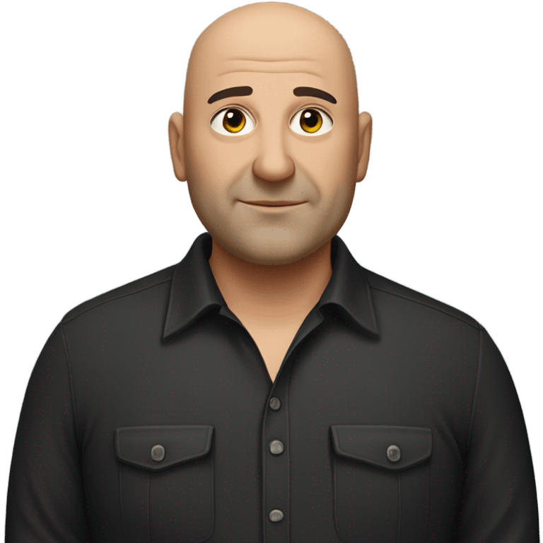 A slightly overweight middle-aged Italian man with olive-toned skin with bald hair and no facial hair. He is wearing a sleek black smart shirt, casually unbuttoned at the top. emoji