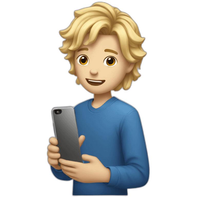 a 13-year-old guy with a curtain hairstyle and blond hair, holding a phone in his hands emoji