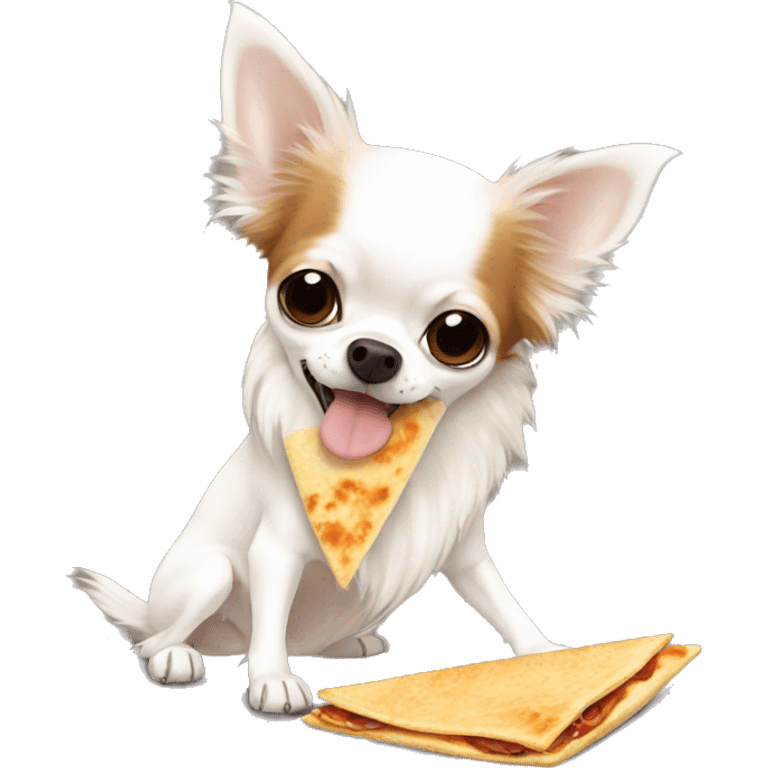 Long-haired white Chihuahua with reddish-brown markings eating a quesadilla emoji