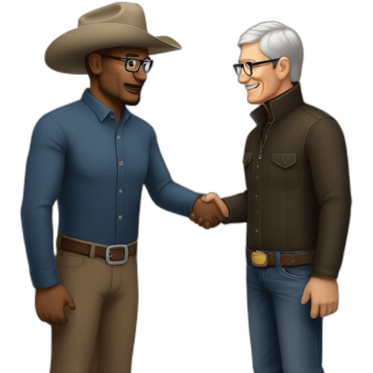 Tim Cook in turtle neck shaking hands with a cowboy emoji