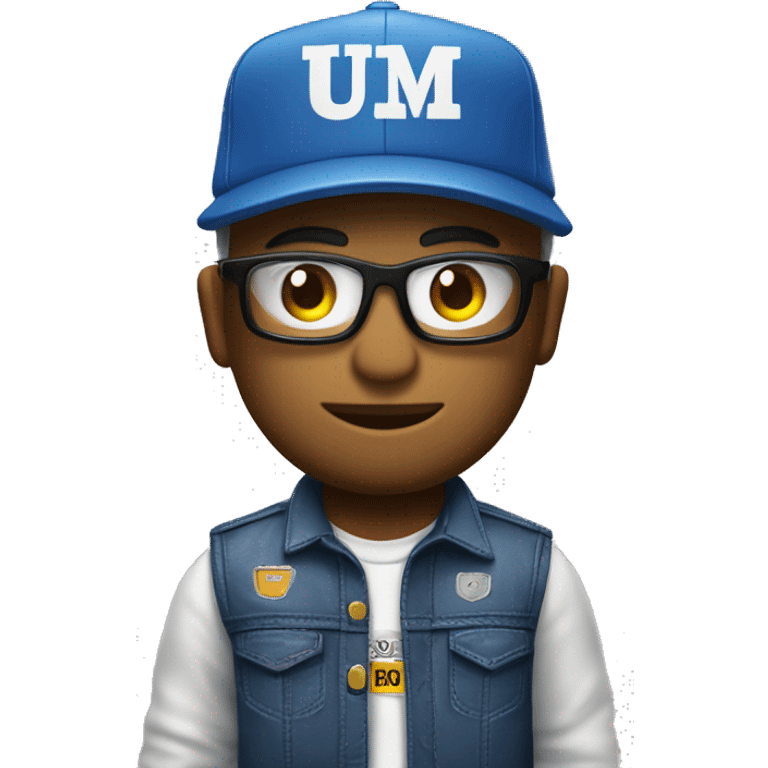 Um boneco com um boné azul escrito mega diesel e uma camisa escrita mega diesel emoji