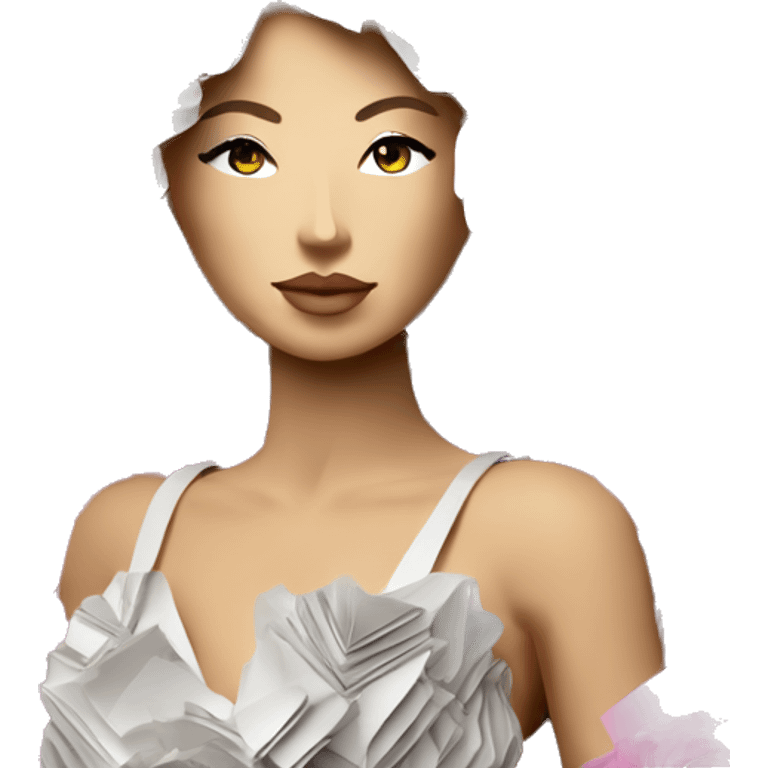 Glamorous lady made of 420 origami newspaper roses hemp leaves lantern fairy lights burning paper vaporwave emoji