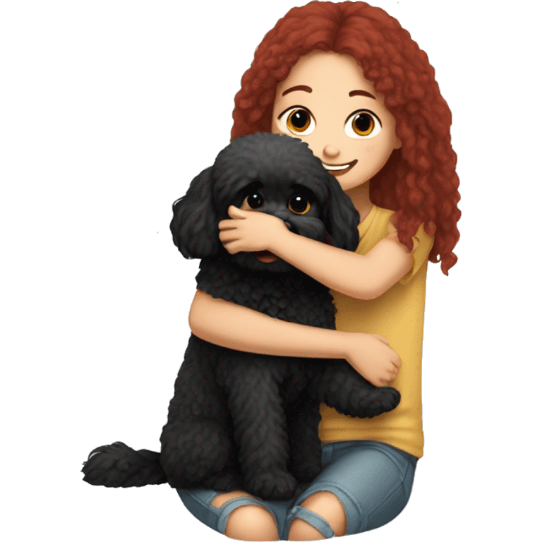 Dark-red-haired girl hugs  her Maltipoo-Black-dog emoji