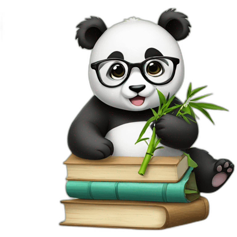 cute panda eating bamboo wearing glasses sitting on books emoji