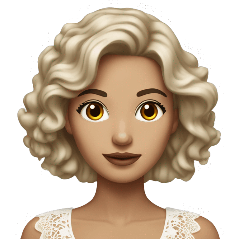 hyper realism Adult woman with brown eyes, light tanned skin, long wavy dark brown hair, wearing a white lace dress emoji