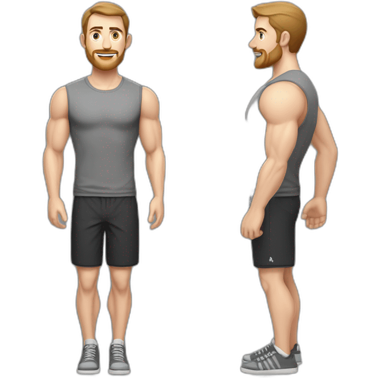 Full height Pale skinned muscular man With Realistic eyes and mouth, light brown hair and stubble In dark gray sleeveless mike, black oversize sports shorts, watch and white sneakers. emoji