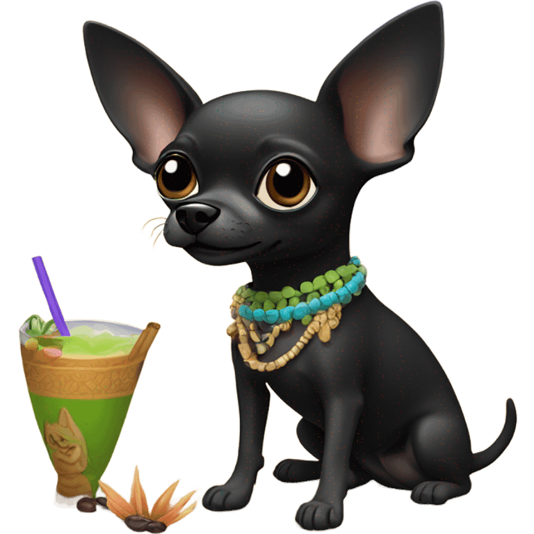 black chihuahua on beach with tiki drink emoji