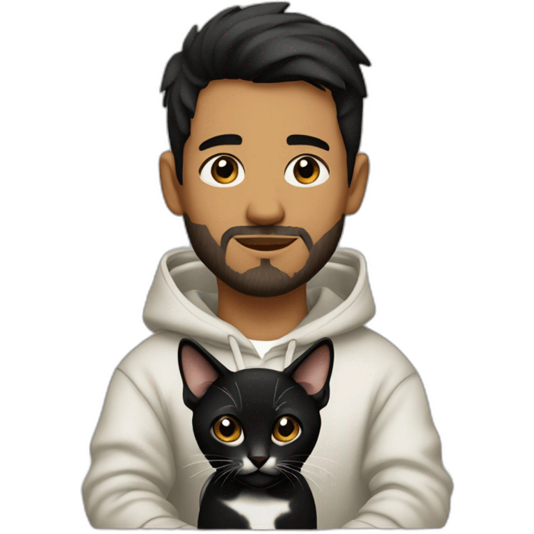 olive skin man with white black spotted cat on lap with short beard hazel eyes and black hair wearing hoodie emoji