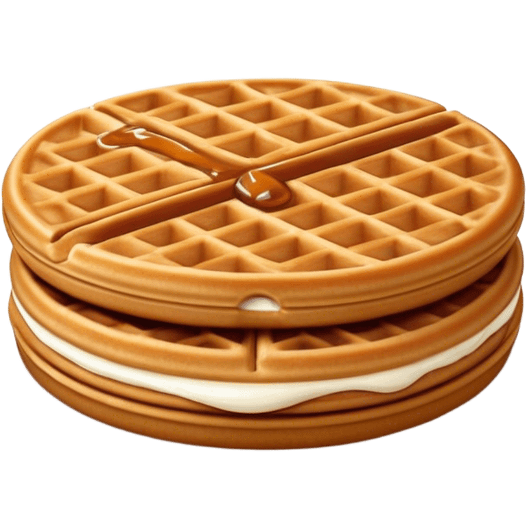 Cinematic Realistic Stroopwafel Dessert Emoji, depicted as a delicate caramel-filled waffle cookie rendered with crisp textures and warm, inviting lighting. emoji