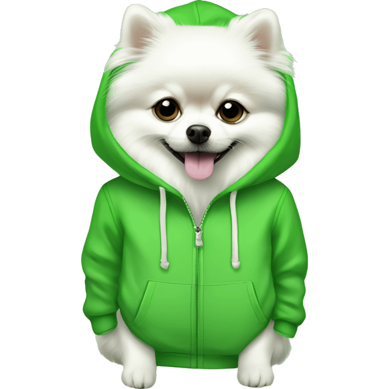 White Pomeranian wearing cucumber print hoodie emoji