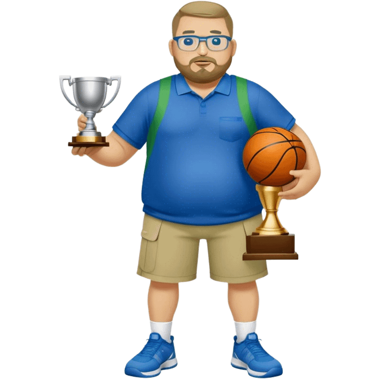 full body white obese male basketball coach with trophy. Goatee , Wearing glasses and blue and green polio with khaki pants emoji