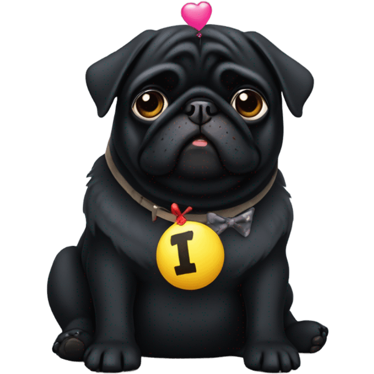 Black pug  and a ballon that says  “I’m sorry” emoji