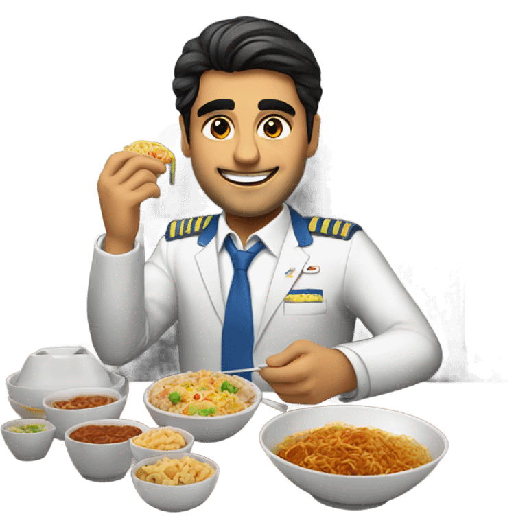 Male Persian Flight attendant eating Chinese food headed to china emoji