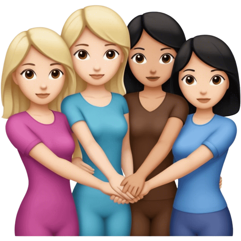 Three women holding hands, two white, one tan, one with dark blonde hair, one with black hair, and one with dark brown hair emoji