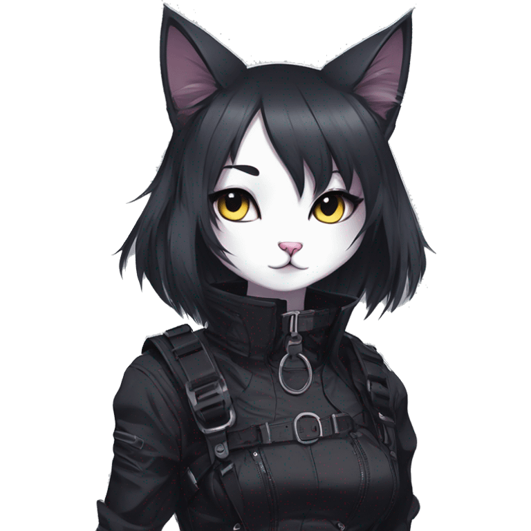 Gorgeous gothic dark techwear anime style anthro cat with blushing face aesthetic and pretty edgy black with collar and harness trending style emoji