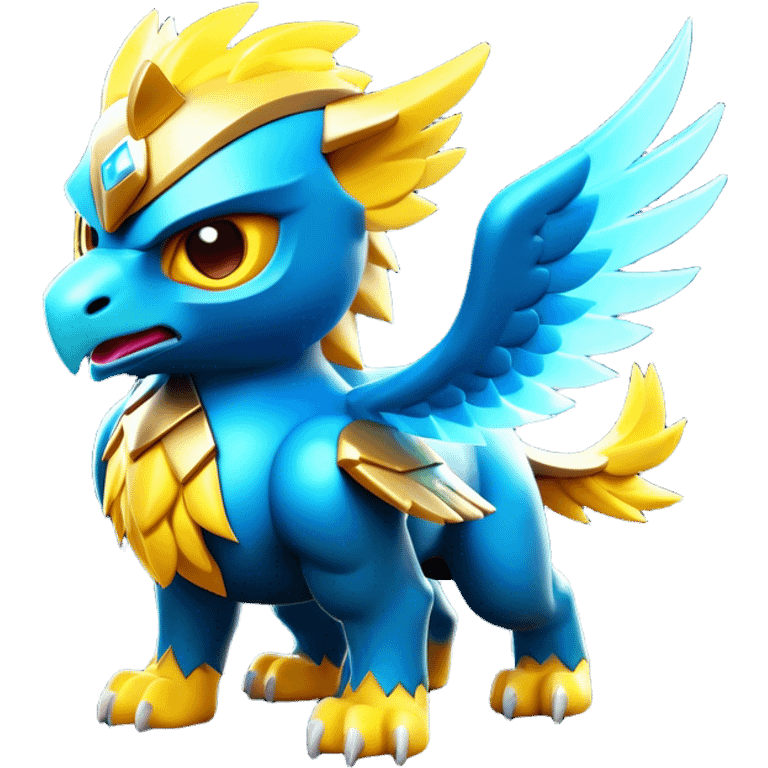 Clash of Clans aesthetic: Cinematic fierce lightning gryphon Beast Emoji, rendered in a 3D vector-style similar to standard emojis with minimal shading and bold, simplified shapes. A compact, isometric mythical creature with wild, majestic features and fierce yet endearing eyes, softly glowing with a primal enchanted charm. Simplified yet unmistakably iconic, highly detailed and consistent, glowing with a soft radiant shine and high polish. Stylized with a touch of mythical wildness and a soft glowing outline, capturing the essence of a legendary beast with a friendly, playful allure! emoji