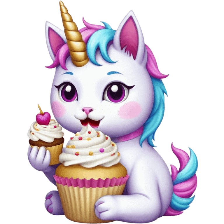 Unicorn cat eating a cupcake emoji