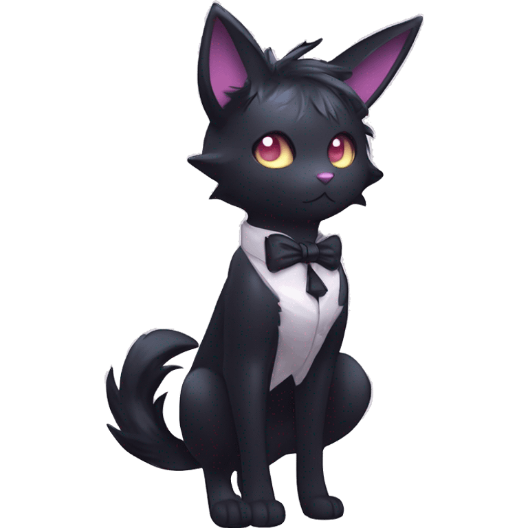 Shiny Cool Edgy Emo pastel Black beautiful ethereal fantasy Kawaii Sona Umbreon-Noibat-Litten-Fakemon-cat-animal with edgy bat-ears bow tie black mane vtuber model Full Body emoji