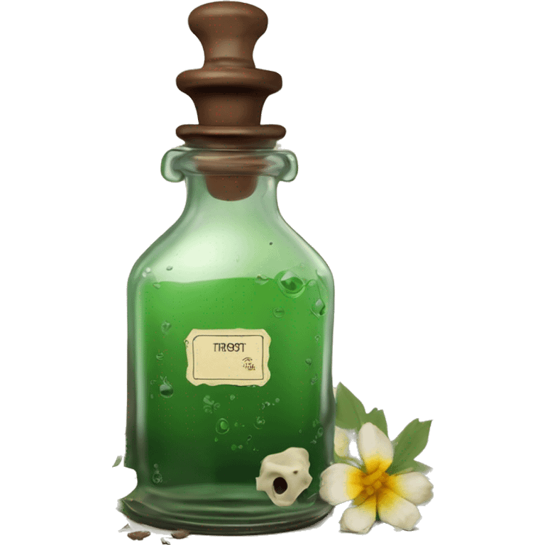 Mysterious Alchemical vintage glass potion bottle, exquisite bottle shape, old and shabby, with label, stylish and minimalistic, brown and shabby-green, oil potion is poured out of the bottle, herbal, flowers and oil is spilled next to it emoji