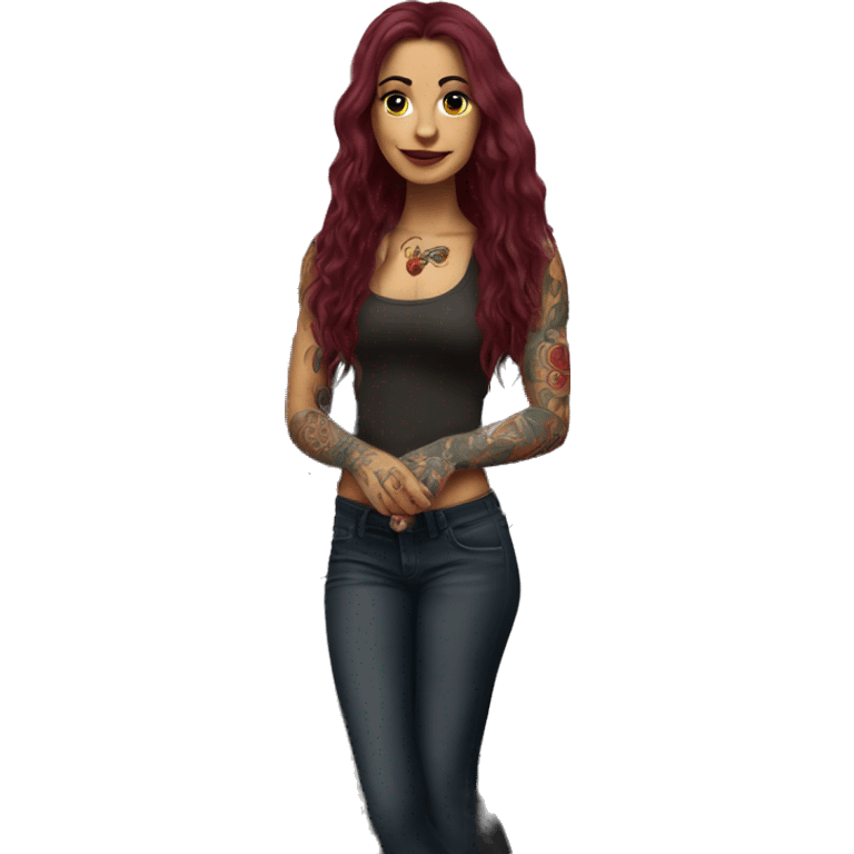 Beautiful tattooed burgundy long haired woman standing next to a car emoji